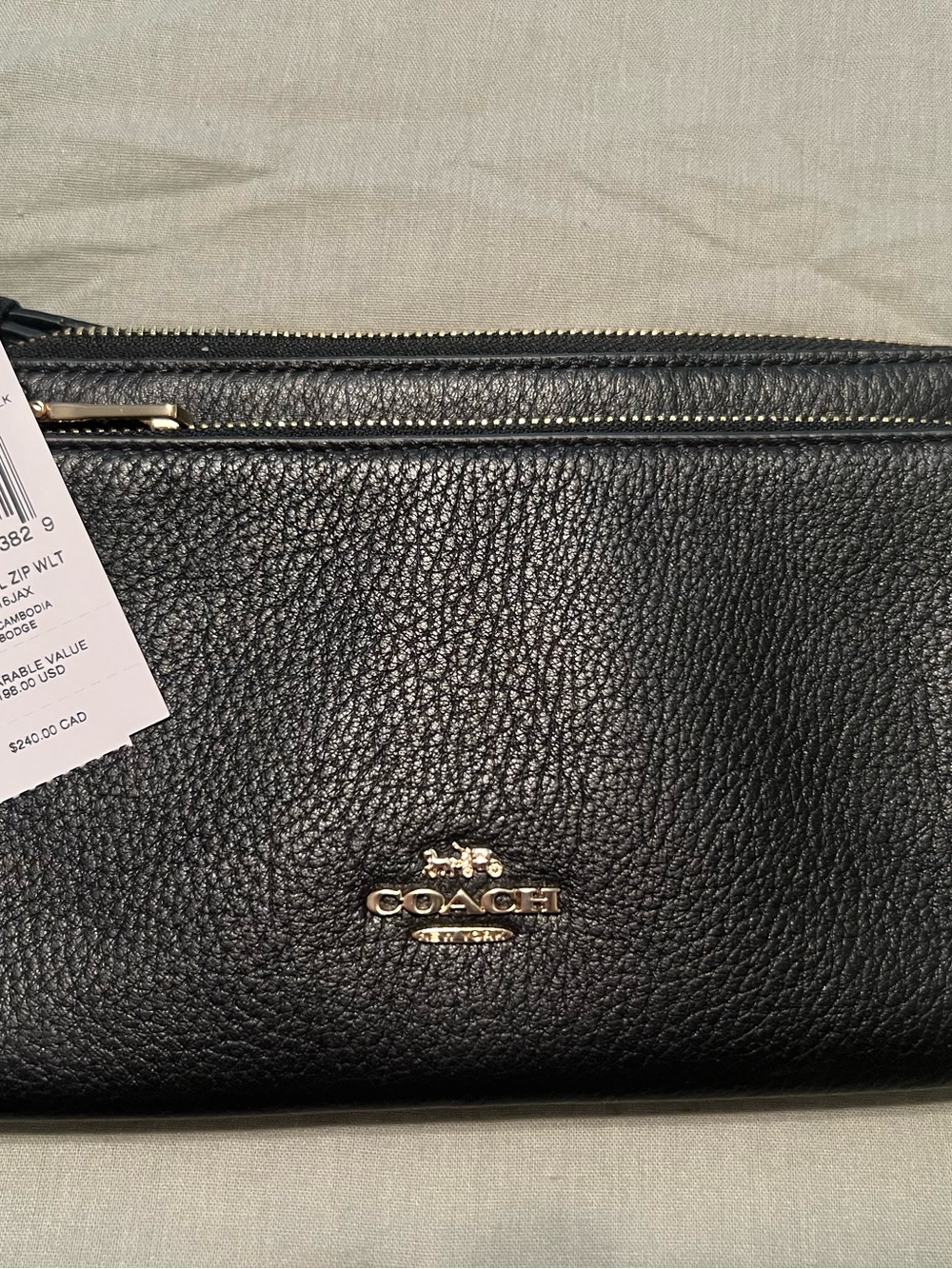 Coach Black Pebbled Leather Double Zip-Around Wallet with Gold Logo